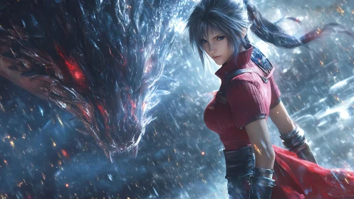 Armored warrior confronting crystalline draconic entity in storm