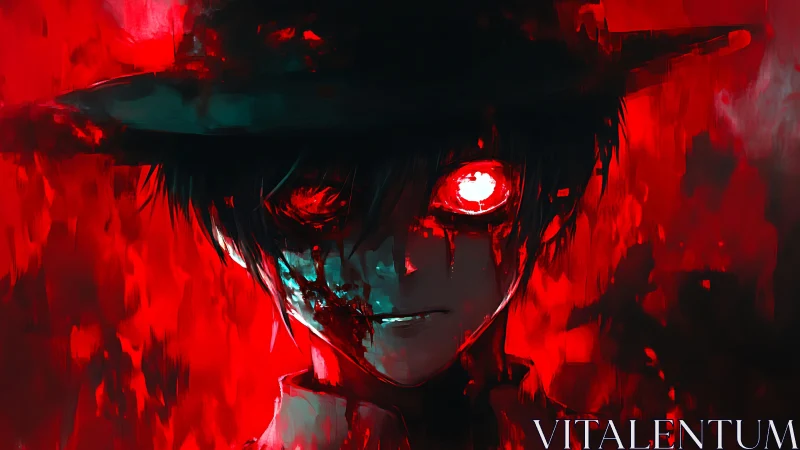 Glowing-eyed dark figure stares through a violent red haze