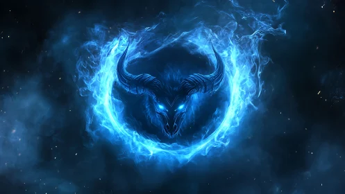 Spectral blue demonic bull skull encircled by plasma ring