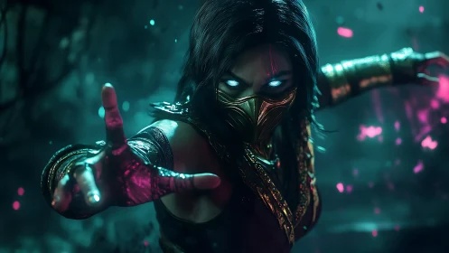 Bioluminescent masked warrior in teal magenta combat haze.