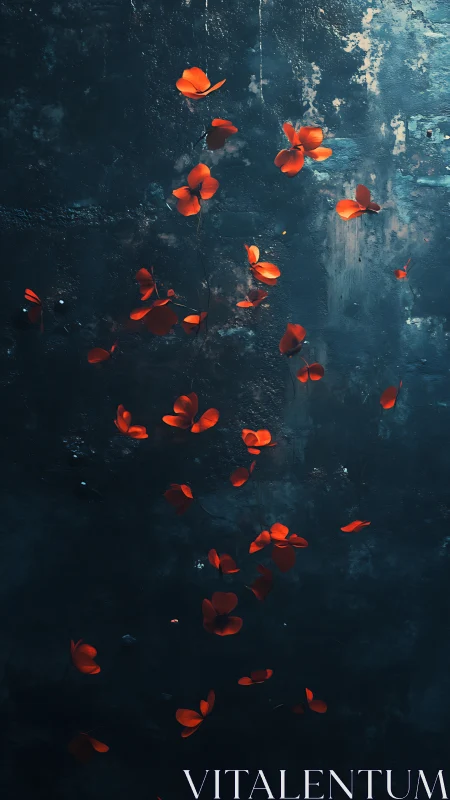 Falling Red Petals Against Distressed Teal Textured Background