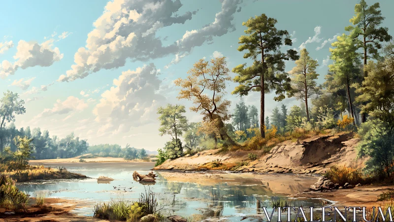 Digital painting riverbank landscape with sculpted cloud forms.
