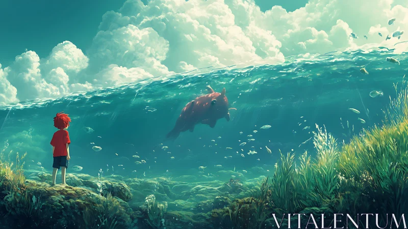 Boy watches large red fish swim within raised ocean wave