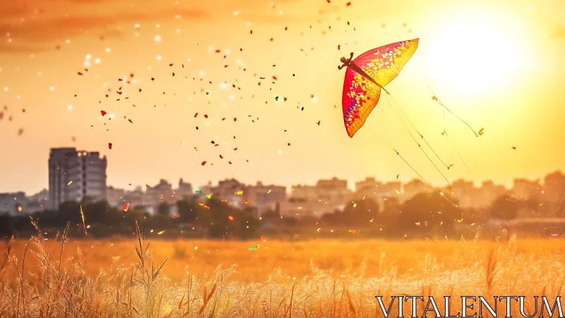 Backlit kite over urban meadow in golden hour lightscape.