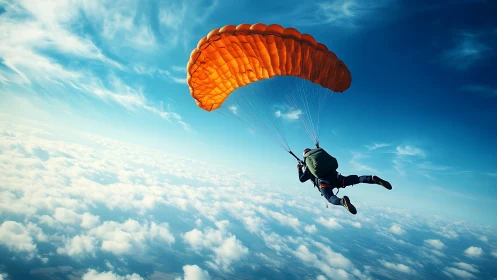 Sunlit orange parachute carries a calm skydiver above clouds