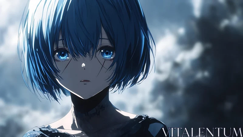 Blue haired anime girl with reflective eyes in stormy light
