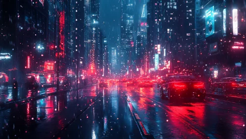 Neon city street glows through rain soaked midnight traffic