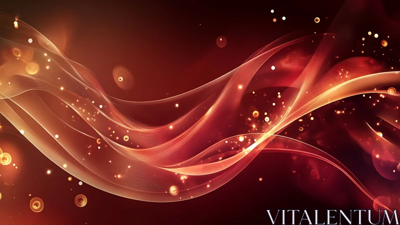 Luminous flowing ribbons with particle effects on deep crimson background.