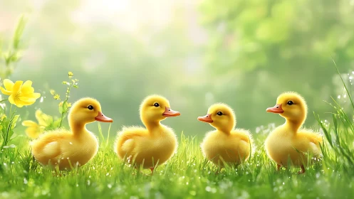 Four fluffy ducklings glow in soft spring garden light