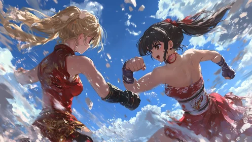 Skyward duel between martial artists in wind-swept clouds.