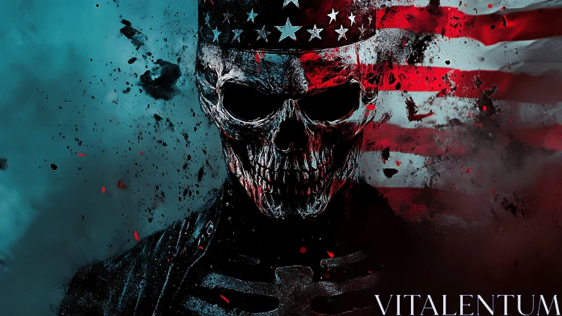 Skull-headed figure before fragmented American flag backdrop.
