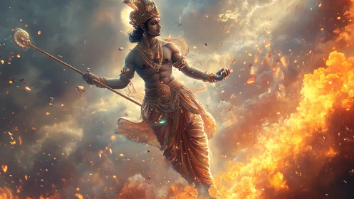 Skyborne warrior god striding through ember-torn clouds.