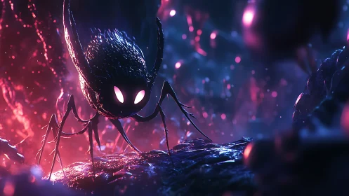 Bioluminescent insectoid creature rendered with neon rim lighting