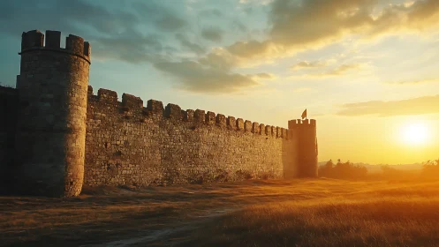 Golden hour over quiet castle walls in open fields.