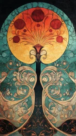 Art Nouveau cosmic tree with symmetrical floral mandala composition