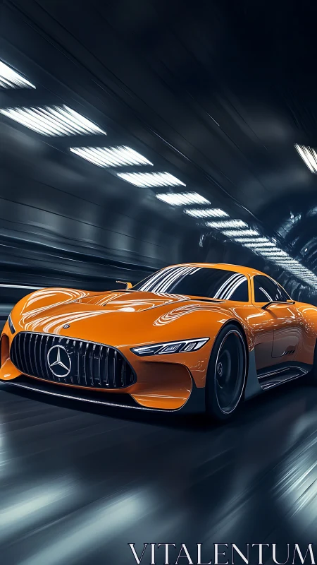 Orange supercar races through a futuristic tunnel at speed