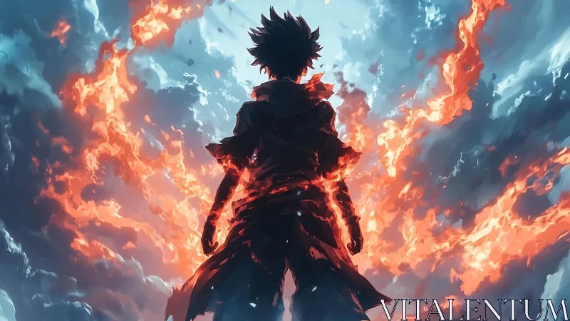 Lone anime hero ignites with fire against stormy sky.