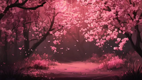 Soft pink cherry grove glows with gentle dreamlike light