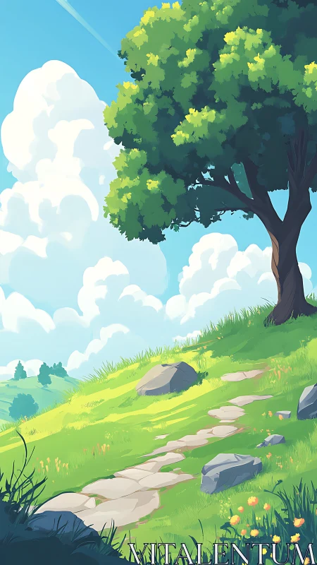 Tree-lined hillside path under clear sky with clouds.