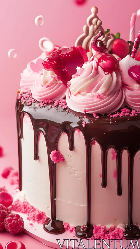 Luxury Pink Cake with Chocolate Drip and Fresh Berries