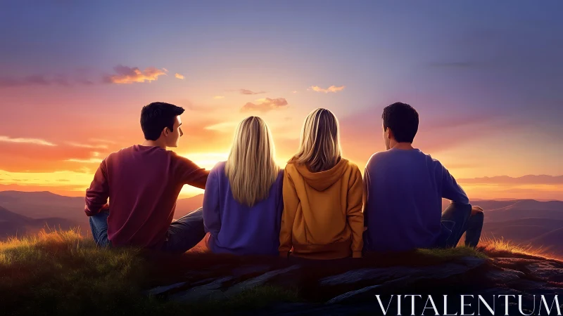 Sunset hillside gathering with stylized backlit friends.