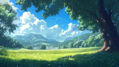 Sunlit alpine meadow rendered in high-key digital painting