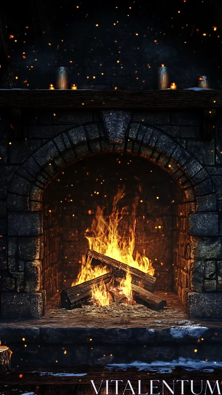 Fireplace with Roaring Flames and Floating Embers