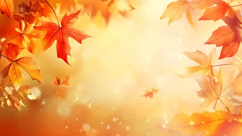 Autumn maple leaves float across a glowing golden background