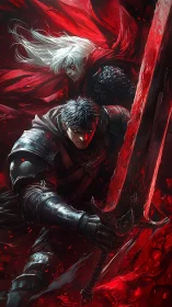 Dark armored warrior wielding bloodlit greatsword in battle.