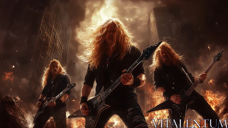 Firestorm guitar saints shredding through a ruined skyline.