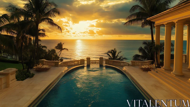 Sunset-drenched infinity terrace melts into molten horizon