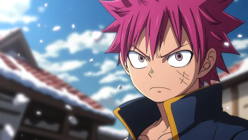 Pink haired anime warrior glares under drifting snowflakes.