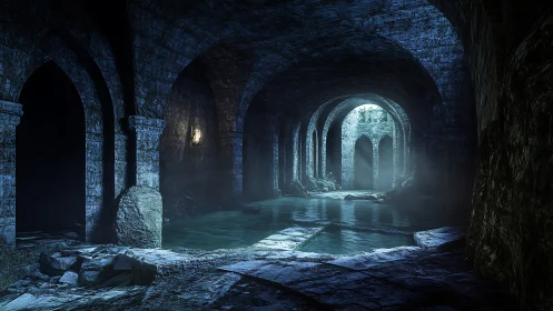 Gothic stone aqueduct corridor in moody cinematic lighting.