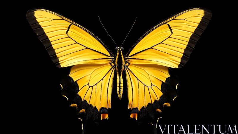 Yellow swallowtail butterfly spreads wings on pure black