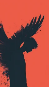 Silhouetted winged figure on flat red monochrome background.