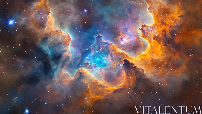 Nebula core glowing in cyan hues within fiery gas clouds.