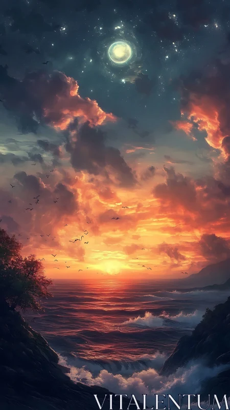 Ocean horizon aligns sunset glow and luminous circular moon