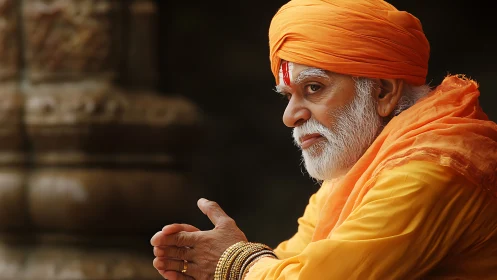 Gentle elder in saffron robes resting in quiet reflection.