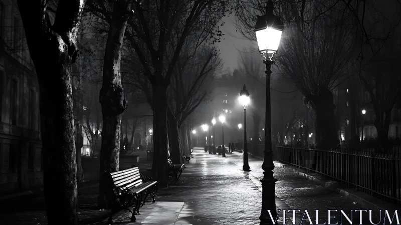 Monochrome riverside promenade under misty lamplight at night.