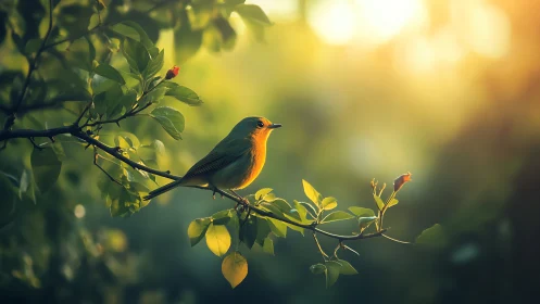 Robin on Branch in Soft Sunrise Light, Nature Photography.