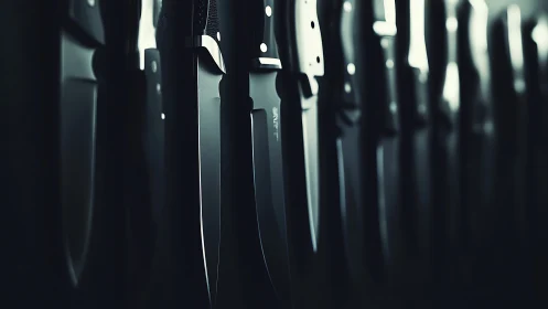 Steel shadows line up as a quiet army of kitchen blades