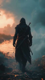 Lone hooded wanderer strides through emberlit river mist.