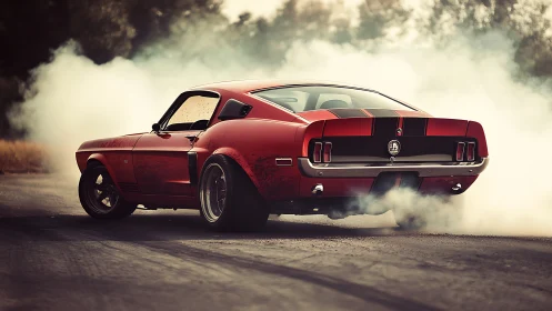 Roaring classic muscle car spins powerfully through drifting smoke