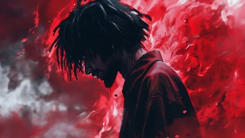 Brooding silhouette walks through swirling red and white smoke