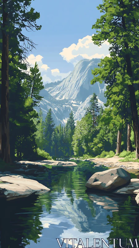 Mountain river daydream beneath quiet whispering pines.