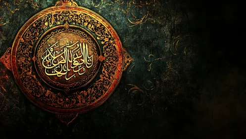 Circular Arabic calligraphy medallion glows on dark background