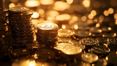Stacks of gold-colored coins under warm blurred lights.