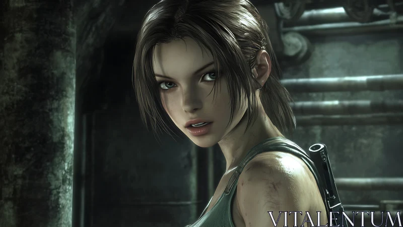 Tough female adventurer rendered in moody 3D detail.