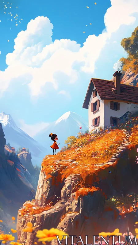 Girl on cliff near mountain house in stylized landscape.