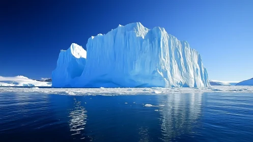 Towering blue iceberg rises over still polar water.